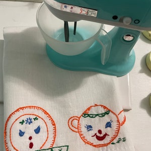 Vintage Embroidered Tea Towel: 1950s Play Kitchen Decor