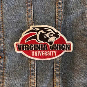 May include: A red, white, and black embroidered patch with a panther head and the text "Virginia Union University".
