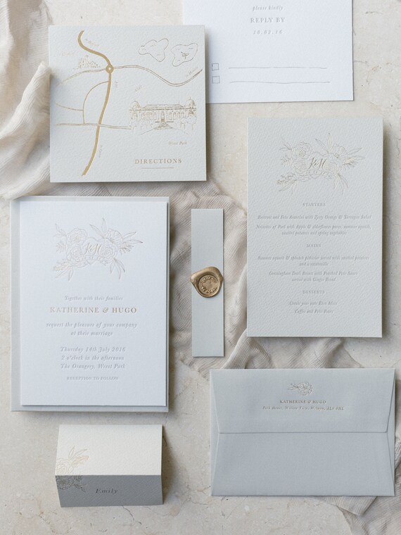 Letterpress Wedding Invitations Suite Crest Custom Sample Gold Etsy