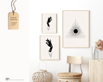 Hand Set of 3 Prints, Minimalist Gallery Wall, Witchy Home Decor, Above Bed Decor, Bedroom Wall Art, Modern Minimalist Art Print Set of 3