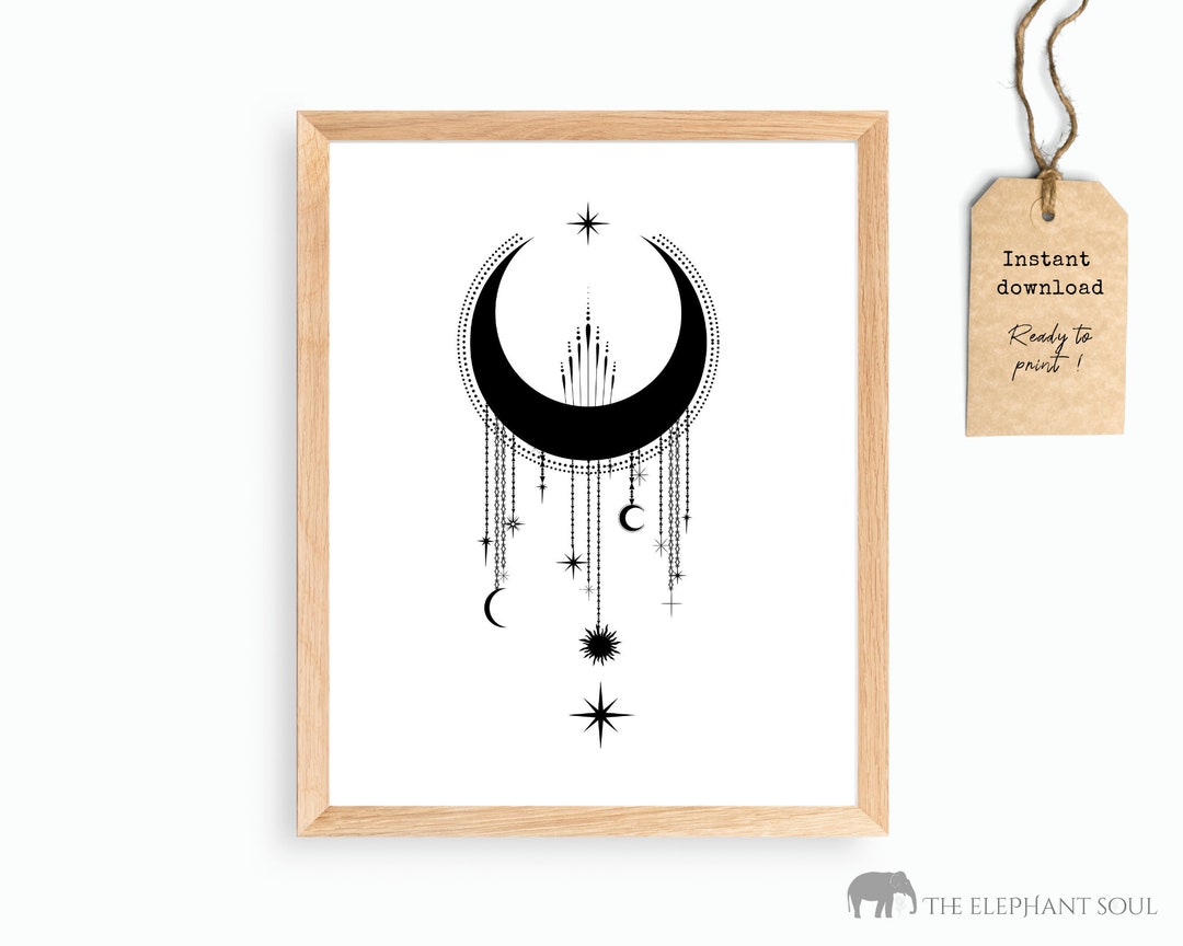 Black and White Boho Wall Art Printable Moon Wall Art Moon Etsy