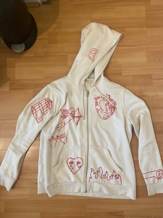 Hand Embroidered Hoodie, Customised White Hoodie With Red