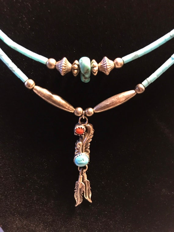 Vintage Native America Turquoise Silver and Coral… - image 1