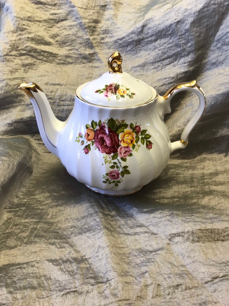 Sadler England Teapot 7463 Pink Yellow Roses Gold Accents 7 Etsy
