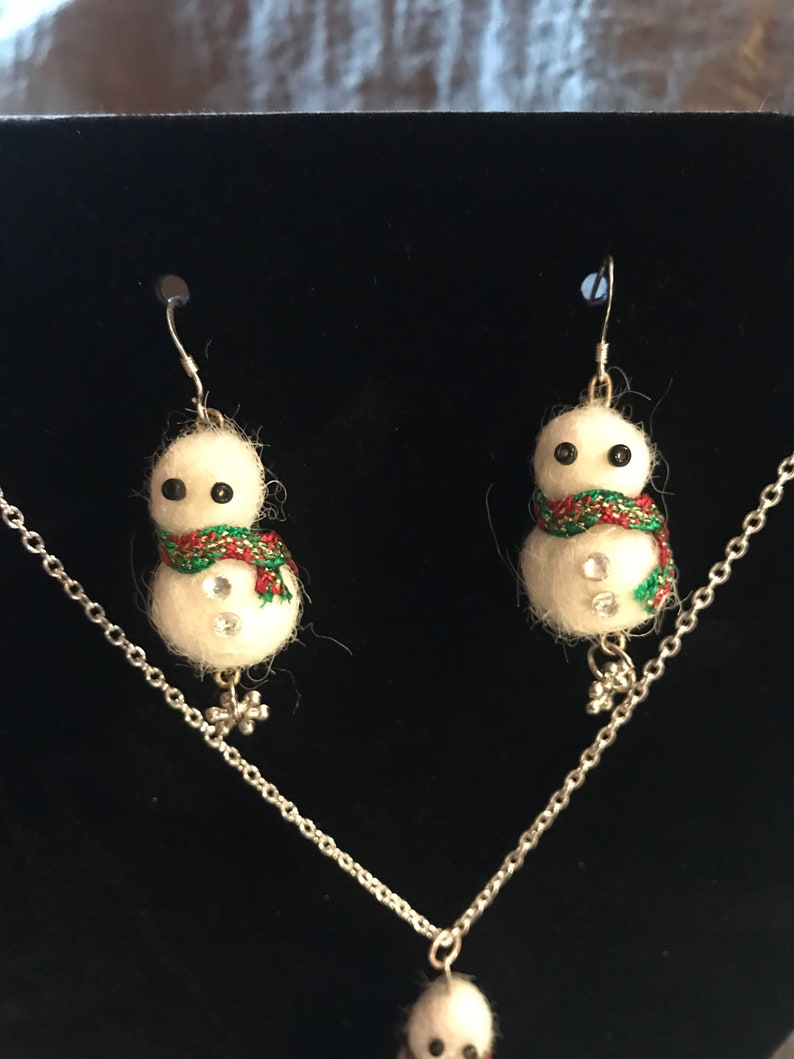 Alpaca Fiber Snowmen Earrings and Necklace
