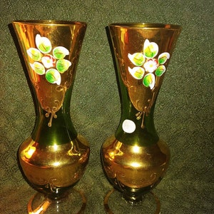 Pair of Murano Italy hand painted emerald green and gold gilt vases