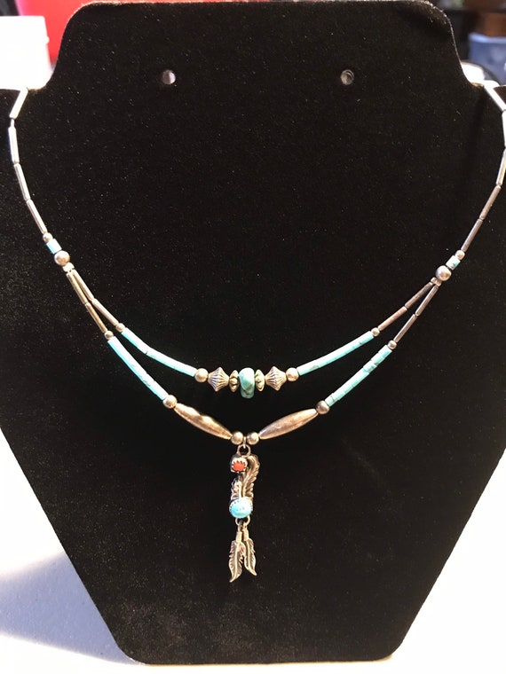 Vintage Native America Turquoise Silver and Coral… - image 2