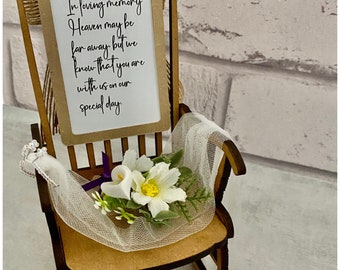 wedding memory chair, reserved seat in loving memory. Personalised loved one in Heaven empty chair in loving memory. Top table decoration.