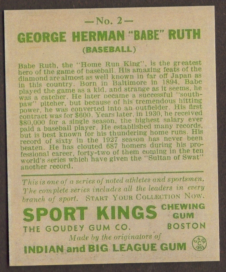 BABE RUTH RP #2 Sport Kings Yankees 1933 G Free Shipping