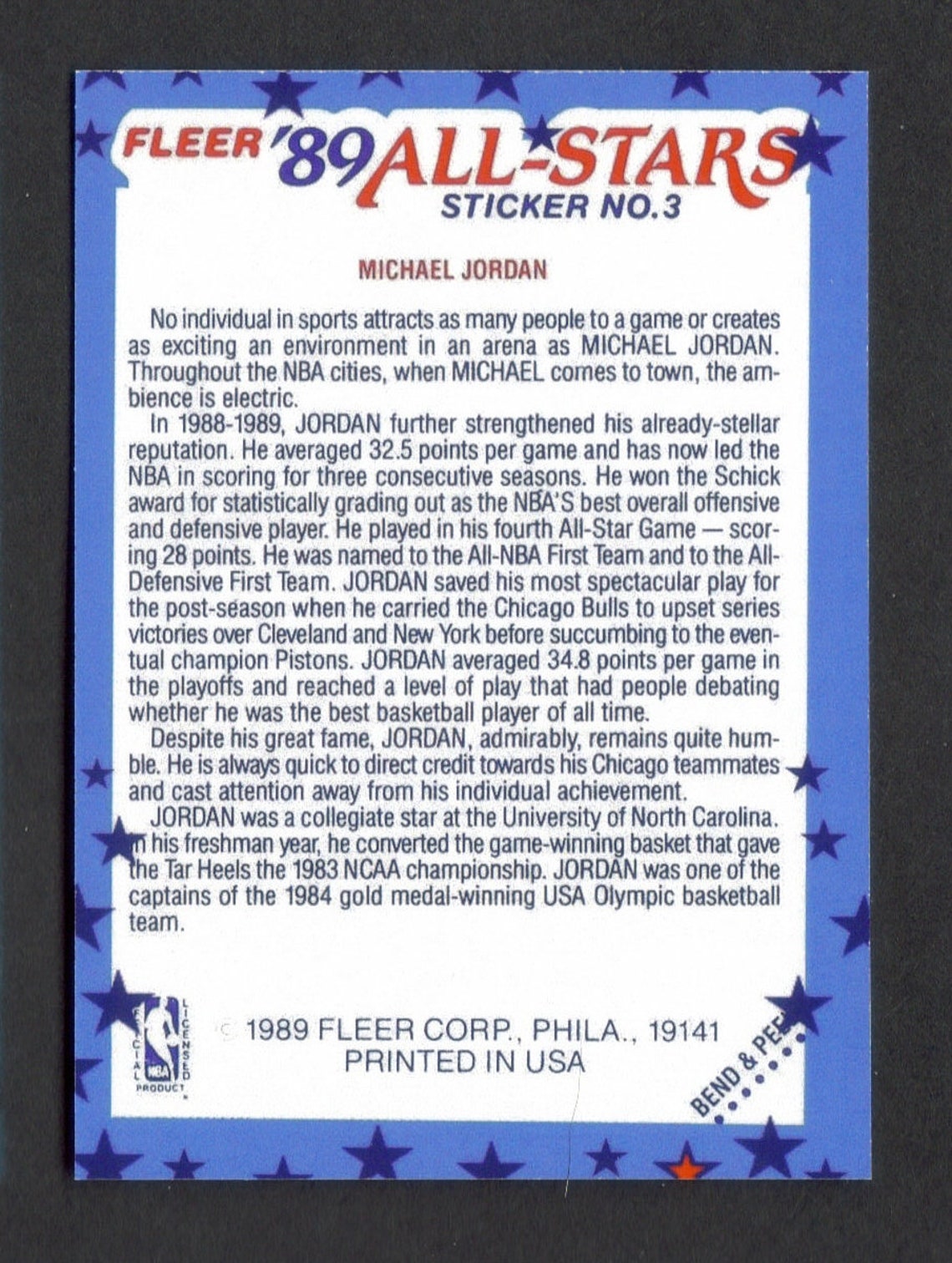 MICHAEL JORDAN Novelty RP Allstars Sticker Card 3 Bulls 1989 Etsy