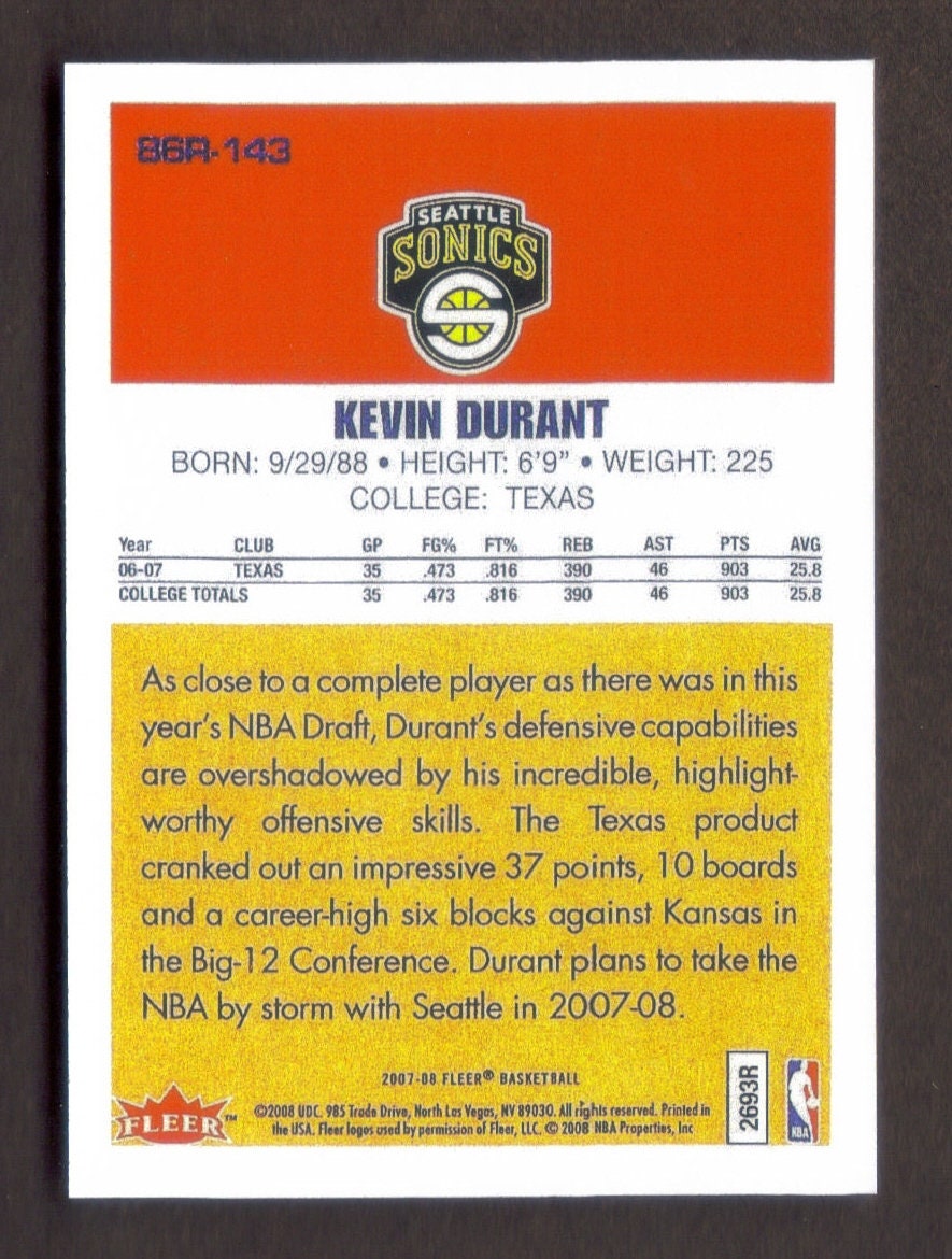 KEVIN DURANT Novelty Rookie RP Card 86R-143 Sonics Rc 2007 - Etsy