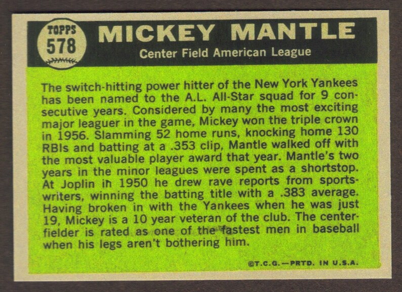 MICKEY MANTLE RP #578 All Star Yankees 1961 T Free Shipping