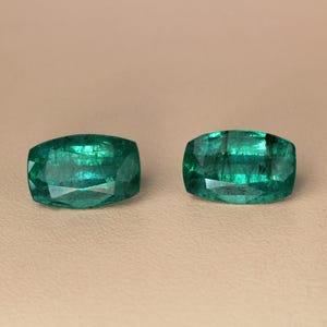 May include: Two emerald-cut emerald gemstones. The gemstones are a vibrant green color and have a rectangular shape with rounded corners. The facets of the gems reflect light, creating a sparkling effect. The background is a neutral beige.