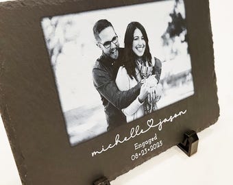 Engaged Slate Sign - Custom Personalized Photo Picture Date Names Plaque Display - Engagement Gift Present Natural Stone