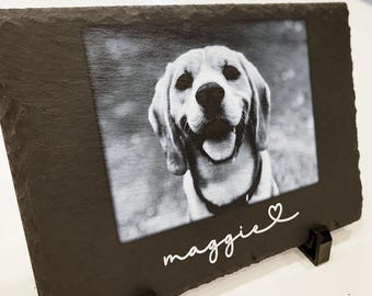Personalized Pet Portrait Slate Sign - Custom Animal Photo Picture Name Plaque Display - Gift Present Natural Stone Memorial Marker Dog Cat