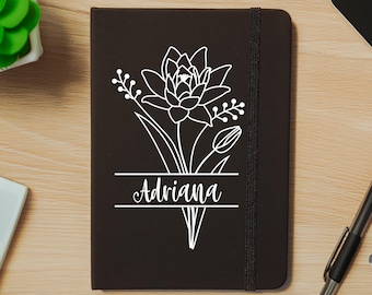 Personalized Birth Month Flower Journal, Custom Gift for Her Female Coworker, Gift for Writer, Unique Bridesmaid Gift, Gratitude Notebook
