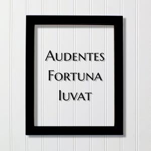 Op de afbeelding: Een rechthoekige zwarte fotolijst met een witte achtergrond en de zwarte tekst "AUDENTES FORTUNA IUVAT" gecentreerd in drie regels. De lijst heeft een eenvoudig ontwerp en is verticaal geplaatst tegen een witte wand met panelen.