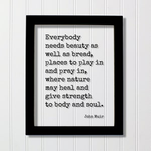 Puede incluir: Impresión enmarcada en negro con fondo blanco y una cita de John Muir: "Todo el mundo necesita belleza tanto como pan, lugares para jugar y rezar, donde la naturaleza puede sanar y dar fuerza al cuerpo y al alma."