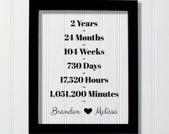 2 Year Anniversary Frame - Custom Names - Floating Frame - Anniversary Gift - Two Years Anniversary - Months Weeks Days Hours Minutes