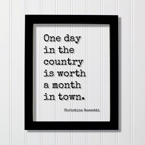 Op de afbeelding: Een zwarte rechthoekige lijst met een witte print met de zwarte tekst in typemachinestijl: One day in the country is worth a month in town. Christina Rossetti. De letters hebben een subtiel slagschaduweffect op de witte achtergrond.