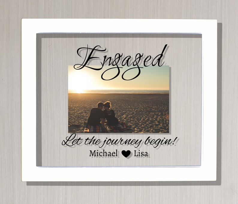 Engaged Frame Floating Frame Let the journey begin Personalized Custom Names Photo Picture Frame Couple Engagement Betrothed White