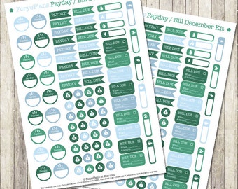 December payday /  bill printable planner stickers for Erin Condren Lifeplanner, Filofax, Plum Planner, scrapbooking / INSTANT DOWNLOAD