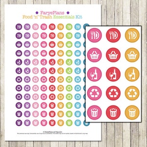 Voedsel/winkelwagen/prullenbak pictogrammen afdrukbare planner stickers voor Erin Condren Lifeplanner, Filofax, scrapbooking/INSTANT DOWNLOAD
