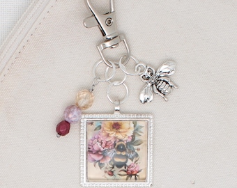 Bee and Flowers zipper pull/ Mini scissor fob/ key ring charm