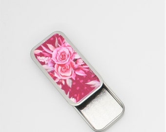 Red flowers needle case/ needle/ pins tin for cross stitch, embroidery, sewing or needlepoint