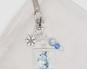 Snowman zipper pull/ Mini scissor fob/ key ring charm