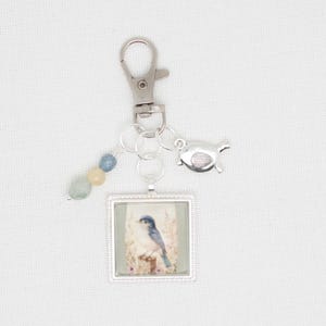 May include: A silver key chain with a small blue bird charm in a silver frame, three beads, and a silver bird charm.