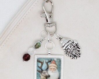 Santa and Reindeer zipper pull/ Mini scissor fob/ key ring charm