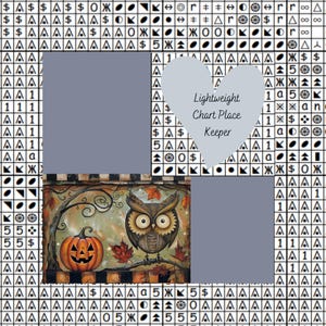 Puede incluir: Un guardador de gráficos decorativo con temática de Halloween. La imagen presenta una calabaza con una cara tallada y un búho posado en una rama. El texto en el elemento en forma de corazón dice "Lightweight Chart Place Keeper".