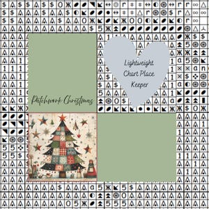 May include: A cross-stitch chart keeper with a patchwork Christmas theme. The image features a Christmas tree with star and ornament decorations. The text "Patchwork Christmas" and "Lightweight Chart Place Keeper" are also visible.