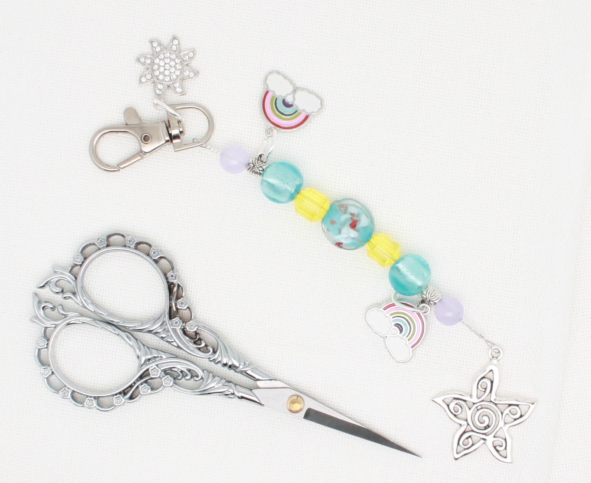 Scissor fob, Sunshine and rainbows /zipper pull/phone charm/purse charm/ planner charm/key ring