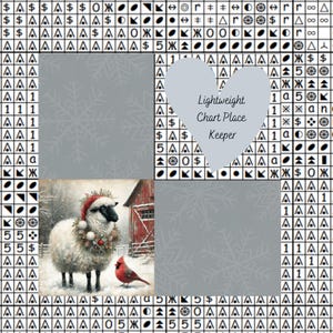 May include: A cross-stitch chart keeper with a winter scene featuring a sheep wearing a Santa hat and a cardinal. The keeper has a heart-shaped label that reads "Lightweight Chart Place Keeper". The background is gray with snowflake patterns.