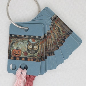 May include: A collection of blue stitch cards with a Halloween design, connected by a silver ring. Each card displays an owl and a jack-o'-lantern. Pink and mauve embroidery floss is attached to the bottom of the cards.
