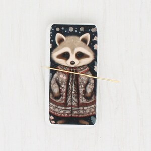 Winter raccoon domino magnetic needle minder/cover minder for cross stitch, embroidery, needlepoint, or diamond painting