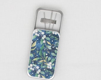 Blue floral print magnetic needle case/tin for cross stitch/embroidery/needlepoint/sewing