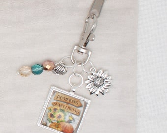 Sunflowers and Pumpkins  zipper pull/ Mini scissor fob/ key ring charm