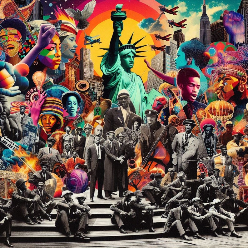 May include: A colorful collage featuring a diverse group of people, including a statue of the Statue of Liberty, a cityscape, and a variety of musical instruments. The collage is set against a vibrant background of red, orange, yellow, green, blue, and purple.