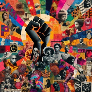 May include: A colorful collage featuring a raised black fist, surrounded by images of people, symbols, and text. The text includes "Resistance" and "Common" in bold letters. The collage is a vibrant mix of colors and textures, creating a powerful and evocative image.
