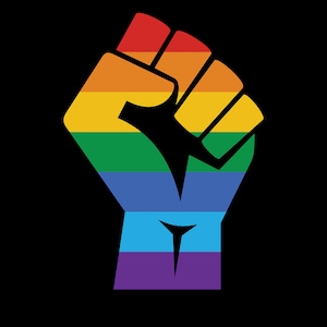 May include: A raised fist with the colors of the rainbow flag. The fist is a symbol of strength and solidarity.