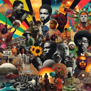 May include: A colorful collage featuring portraits of Black people, including a sunflower, a globe, and a red car. The collage is set against a background of yellow, green, and red stripes.