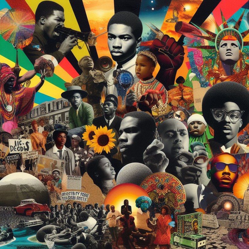May include: A colorful collage featuring portraits of Black people, including a sunflower, a globe, and a red car. The collage is set against a background of yellow, green, and red stripes.
