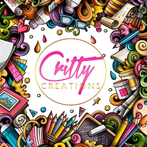 May include: A colorful illustration of art supplies, including paintbrushes, pencils, paint tubes, and a paint palette. The illustration is surrounded by a border of swirls and doodles. The text "Critty Creations" is in a pink circle in the center of the image.