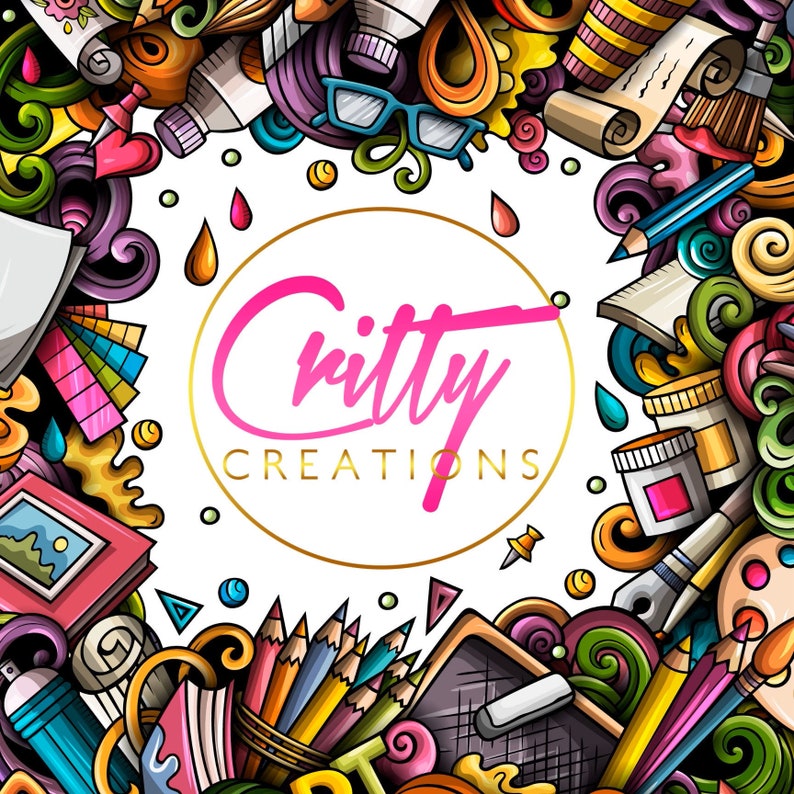 May include: A colorful illustration of art supplies, including paintbrushes, pencils, paint tubes, and a paint palette. The illustration is surrounded by a border of swirls and doodles. The text "Critty Creations" is in a pink circle in the center of the image.