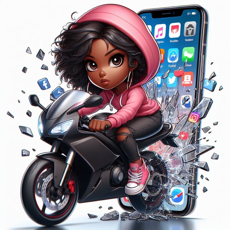 May include: A cartoon image of a person on a black motorbike, breaking through a cracked smartphone screen. The person is wearing a pink hoodie, black jeans, and pink trainers. The phone shows app icons, including social media logos.