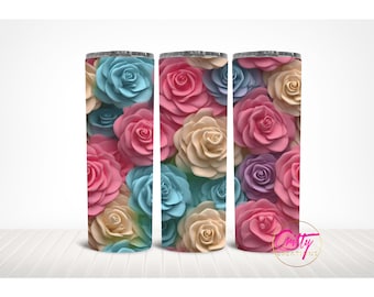 3D Pastel Pink Rose Tumbler Wrap Seamless Design PNG