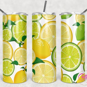 May include: A white stainless steel tumbler with a design of yellow lemons and green limes. The tumbler has a straw and a lid.